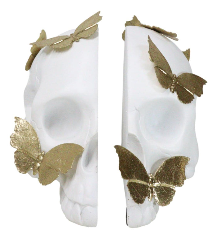 Ebros Gift Metamorphosis Golden Butterflies On White Skull Halves Figurine Bookends Set