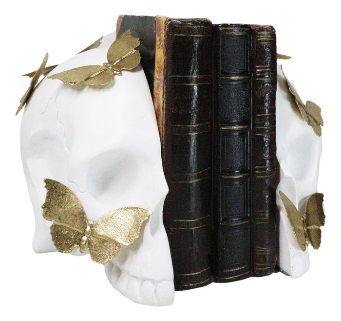 ebros gift Metamorphosis Golden Butterflies On White Skull Halves Figurine Bookends Set