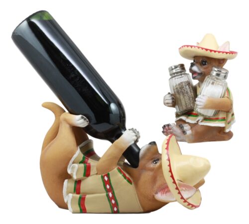 ebros gift Mexican Poncho Sombrero Chihuahua Dog Wine And Salt Pepper Shaker Holder Statues