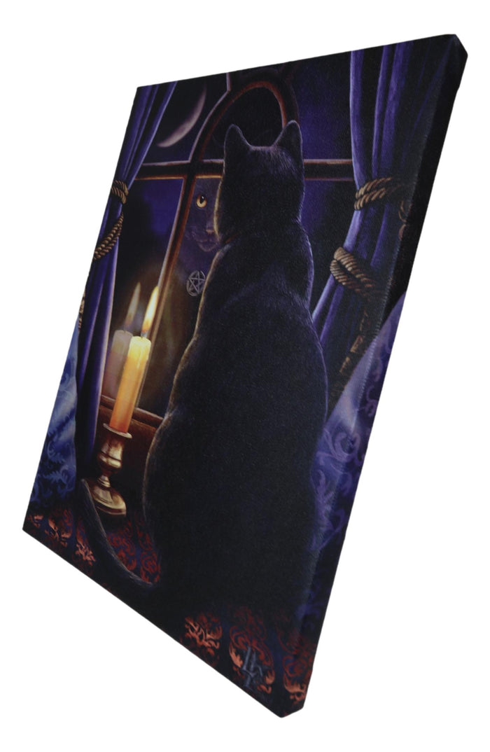 Ebros Gift Midnight Vigil Black Cat By Window With Candle Wood Framed Canvas Wall Decor