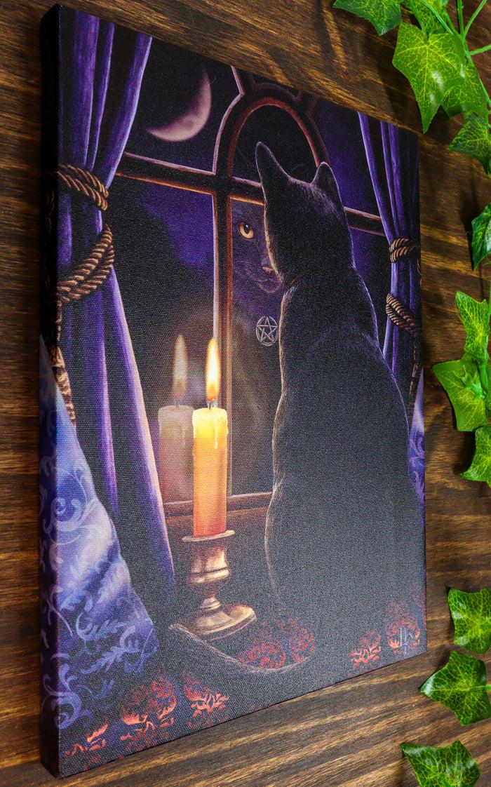 Ebros Gift Midnight Vigil Black Cat By Window With Candle Wood Framed Canvas Wall Decor
