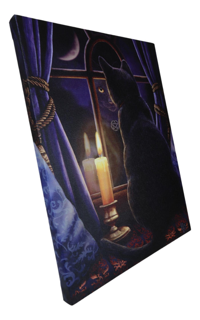 Ebros Gift Midnight Vigil Black Cat By Window With Candle Wood Framed Canvas Wall Decor