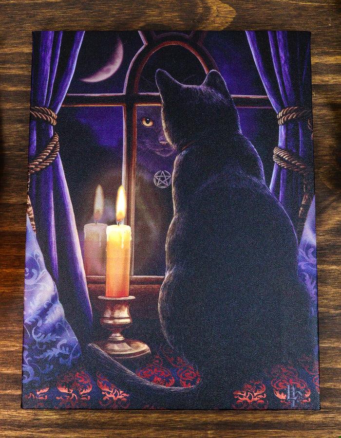 ebros gift Midnight Vigil Black Cat By Window With Candle Wood Framed Canvas Wall Decor