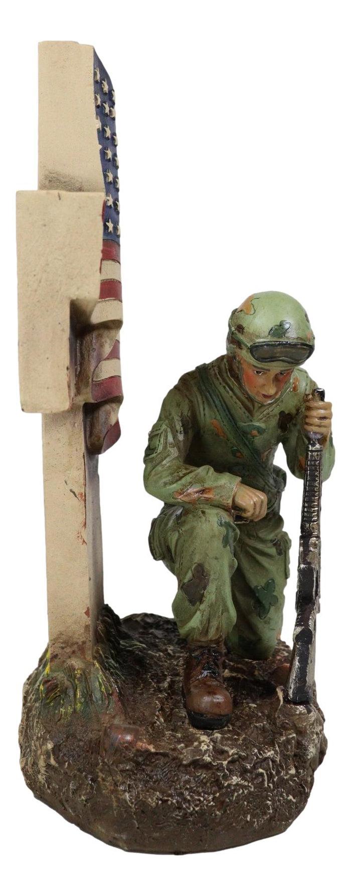 Ebros Gift Military War Hero Soldier With Rifle By American Flag Cross Memorial Figurine