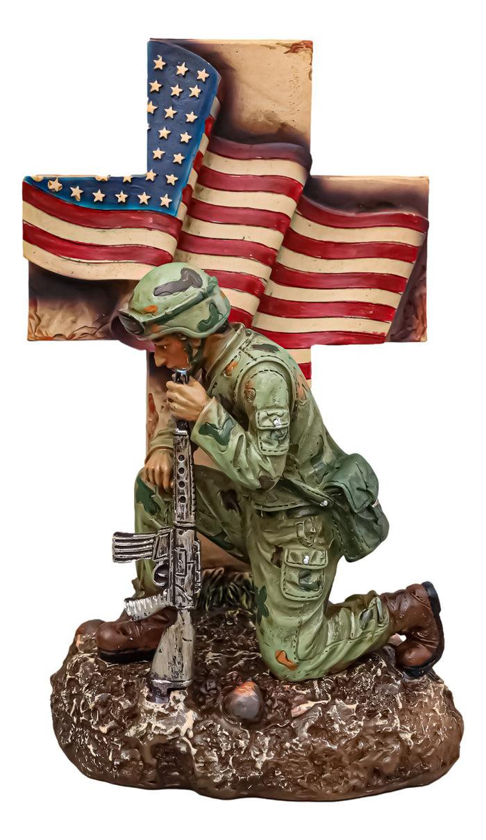 ebros gift Military War Hero Soldier With Rifle By American Flag Cross Memorial Figurine