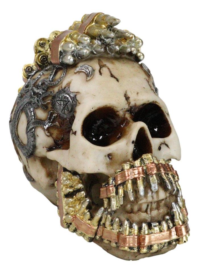 ebros gift Military War Steampunk Skull With Rifle Bullets Mohawk And Dragon Figurine