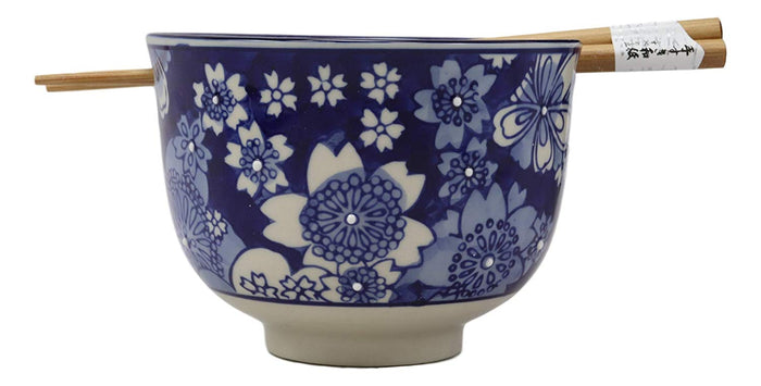 Ebros Gift Ming Style Blue White Florals Porcelain Ramen Soup Rice Bowl With Chopsticks Set