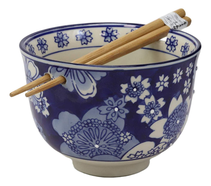 Ebros Gift Ming Style Blue White Florals Porcelain Ramen Soup Rice Bowl With Chopsticks Set