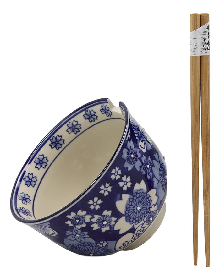 Ebros Gift Ming Style Blue White Florals Porcelain Ramen Soup Rice Bowl With Chopsticks Set