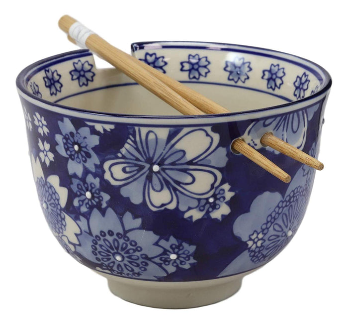 ebros gift Ming Style Blue White Florals Porcelain Ramen Soup Rice Bowl With Chopsticks Set