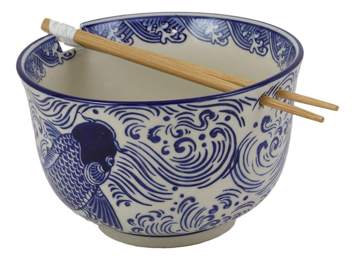 Ebros Gift Ming Style Feng Shui Koi Fish 6"D Pho Ramen Soup Rice Bowl With Chopsticks Set