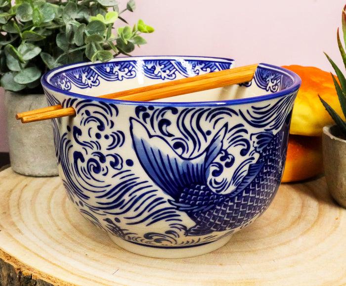 Ebros Gift Ming Style Feng Shui Koi Fish 6"D Pho Ramen Soup Rice Bowl With Chopsticks Set