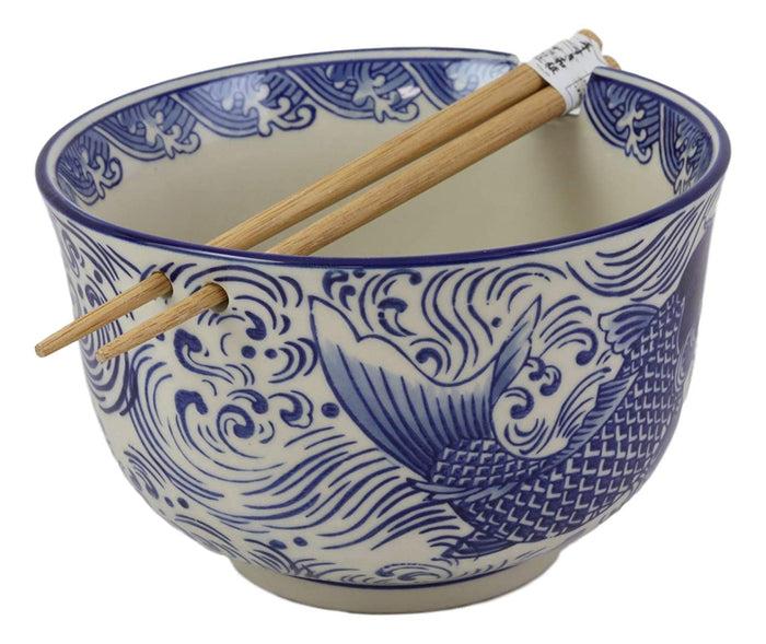 Ebros Gift Ming Style Feng Shui Koi Fish 6"D Pho Ramen Soup Rice Bowl With Chopsticks Set