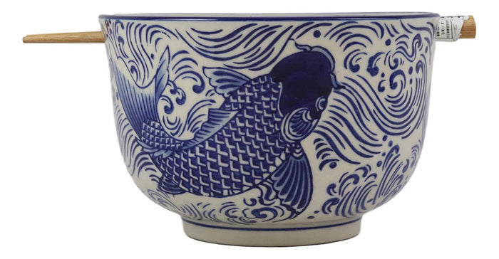 ebros gift Ming Style Feng Shui Koi Fish 6"D Pho Ramen Soup Rice Bowl With Chopsticks Set