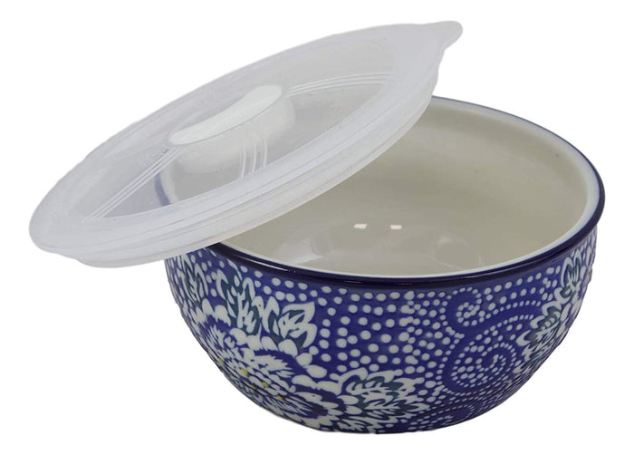 Ebros Gift Ming Style White Blue Floral Design Ceramic Meal Lunch Storage Bowl With Lid
