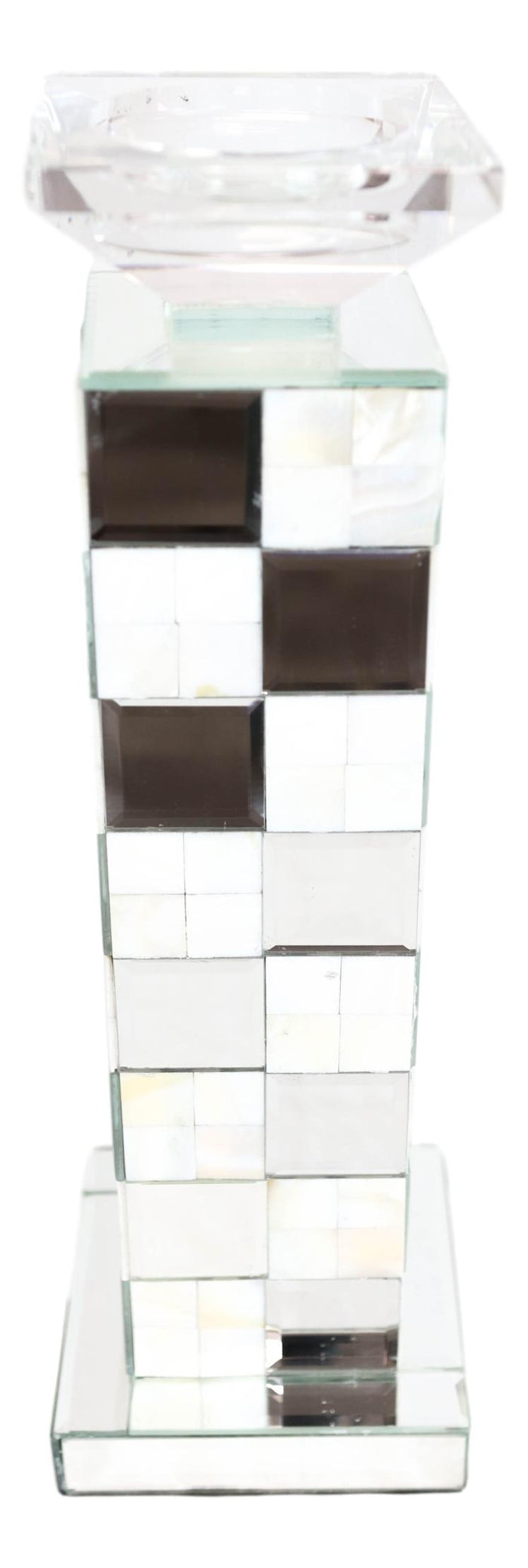 Ebros Gift Modern Beveled Mirrors Capiz Shells Checkered Pillar Candle Holder Decor 15"