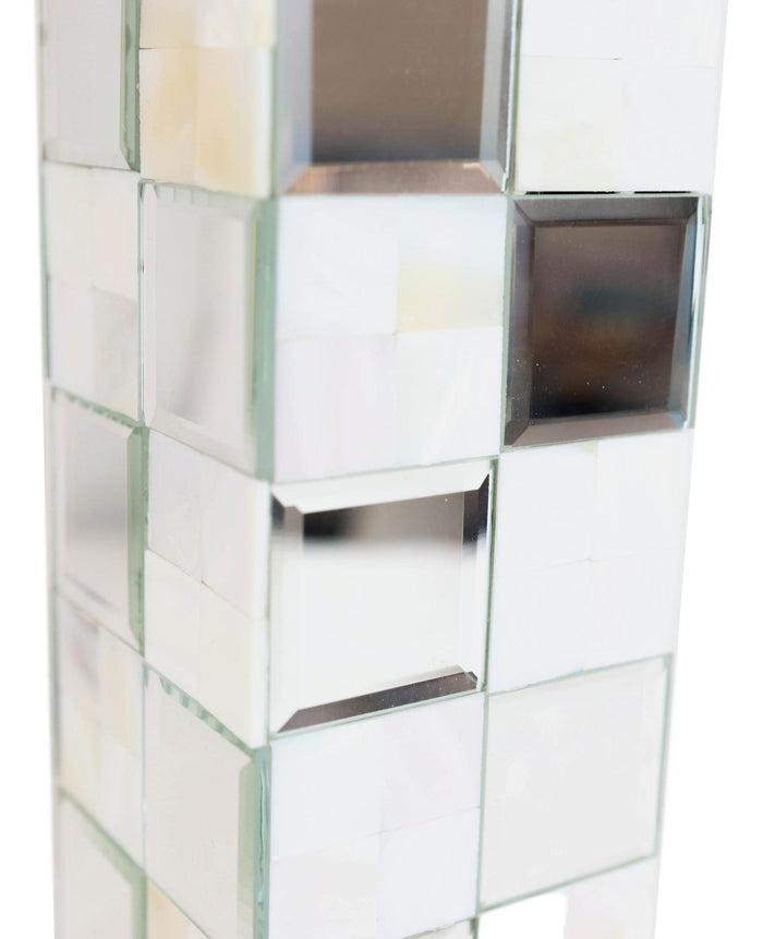 Ebros Gift Modern Beveled Mirrors Capiz Shells Checkered Pillar Candle Holder Decor 15"