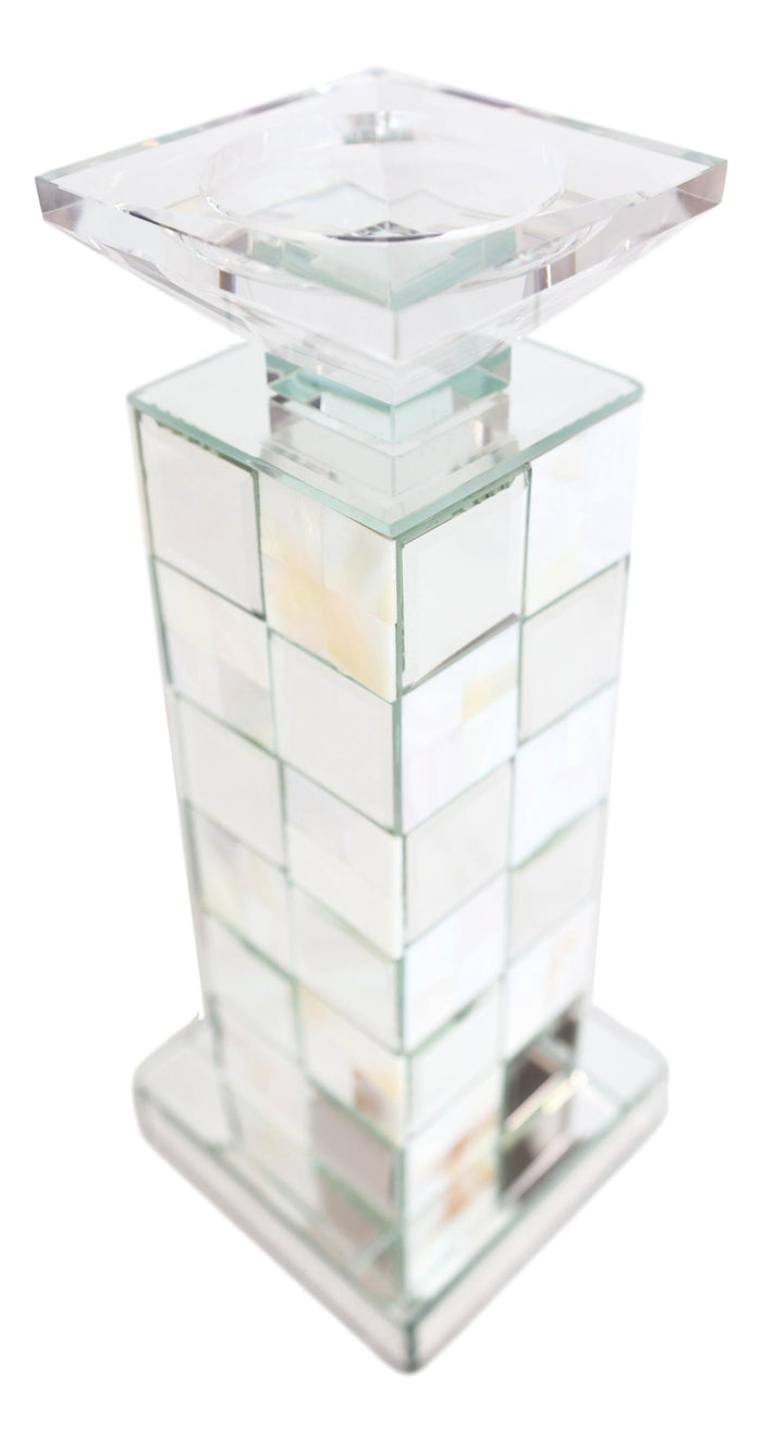Ebros Gift Modern Beveled Mirrors Capiz Shells Checkered Pillar Candle Holder Decor 15"