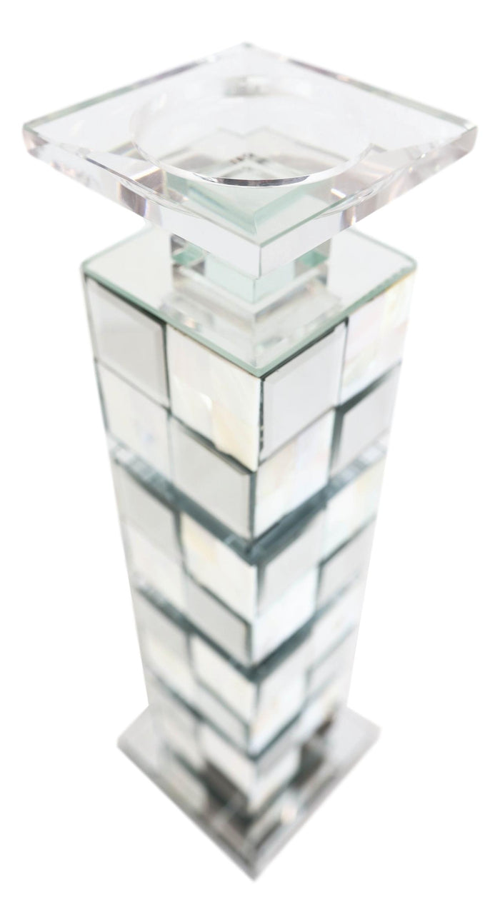 Ebros Gift Modern Beveled Mirrors Capiz Shells Checkered Pillar Candle Holder Decor 18"