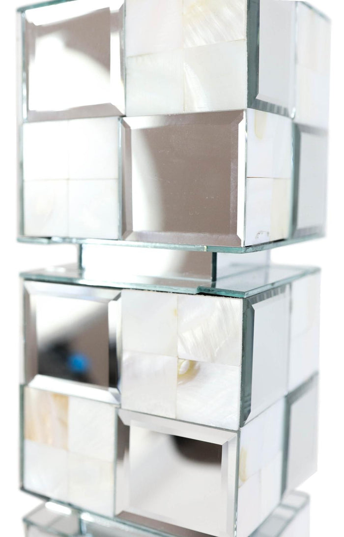 Ebros Gift Modern Beveled Mirrors Capiz Shells Checkered Pillar Candle Holder Decor 18"