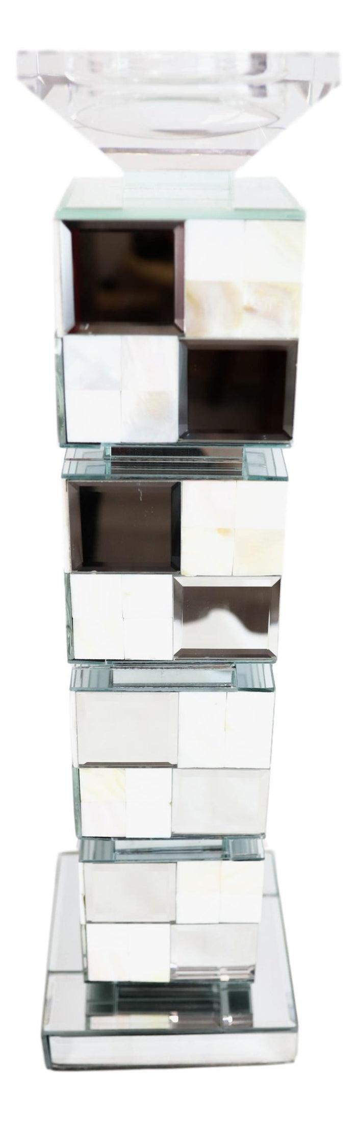Ebros Gift Modern Beveled Mirrors Capiz Shells Checkered Pillar Candle Holder Decor 18"