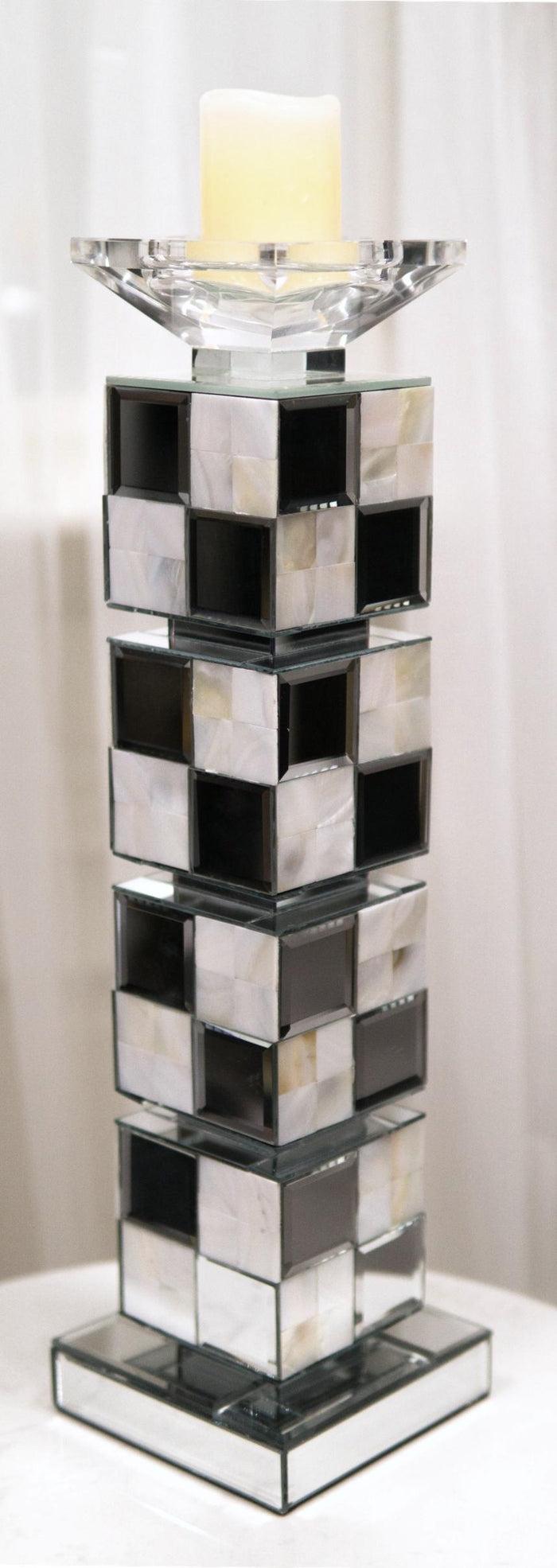 ebros gift Modern Beveled Mirrors Capiz Shells Checkered Pillar Candle Holder Decor 18"