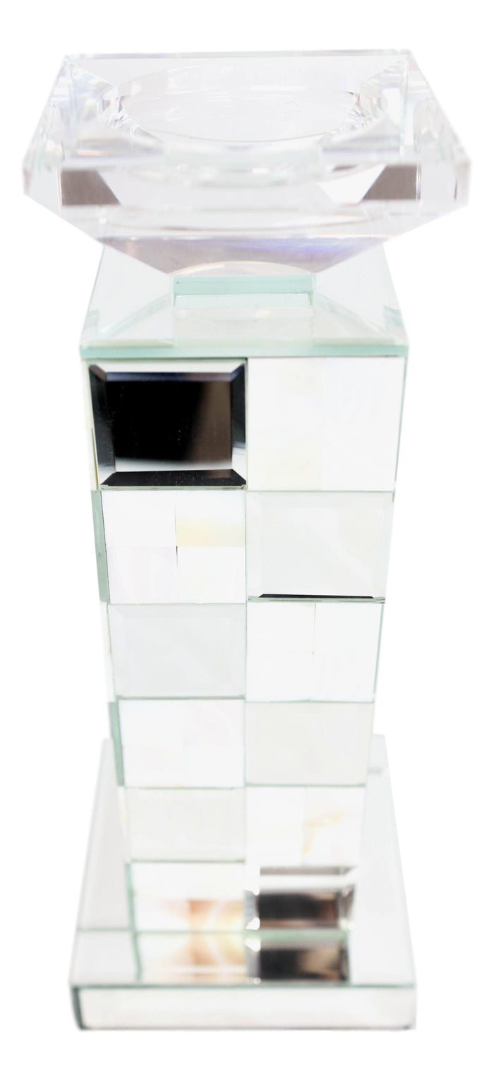 Ebros Gift Modern Beveled Mirrors Capiz Shells Checkered Pillar Candle Holder Decor 14"