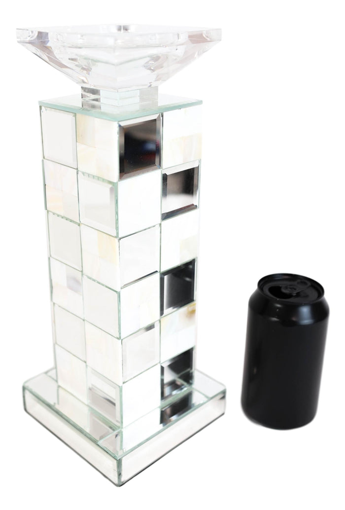 Ebros Gift Modern Beveled Mirrors Capiz Shells Checkered Pillar Candle Holder Decor 14"