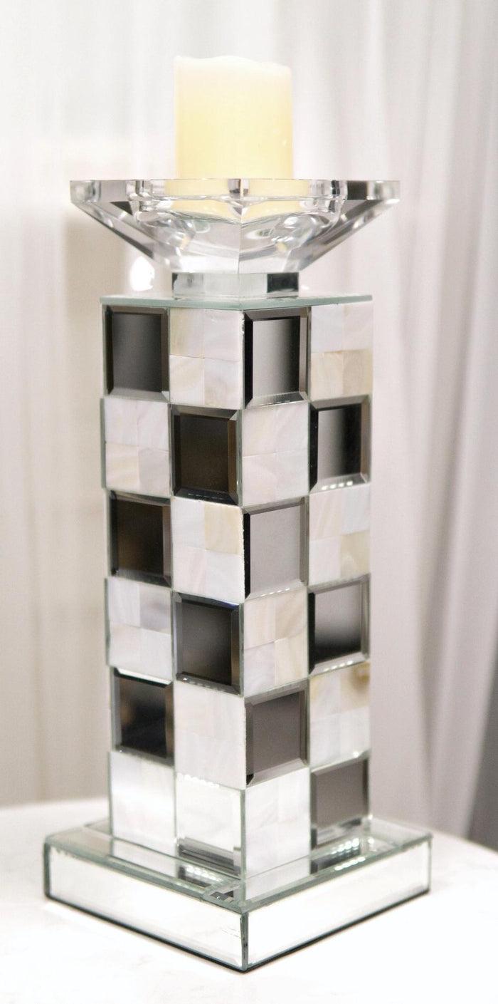ebros gift Modern Beveled Mirrors Capiz Shells Checkered Pillar Candle Holder Decor 14"