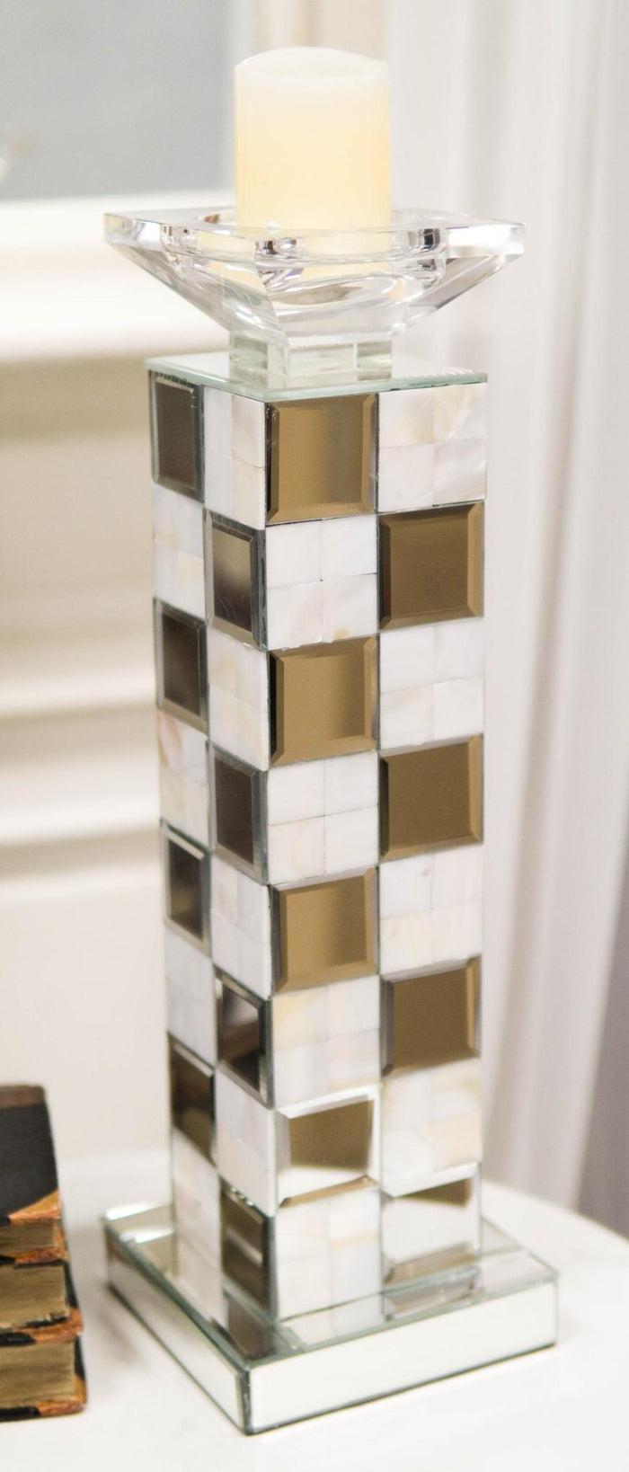 ebros gift Modern Beveled Mirrors Capiz Shells Checkered Pillar Candle Holder Decor 15"