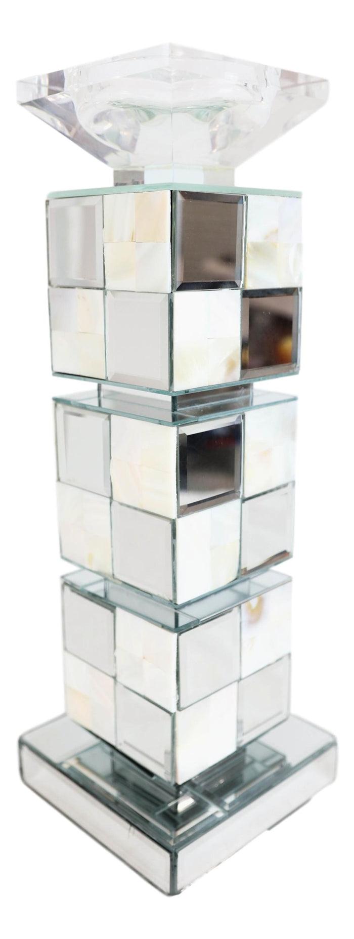 Ebros Gift Modern Beveled Mirrors Capiz Shells Decorative Checkered Pillar Candle Holder