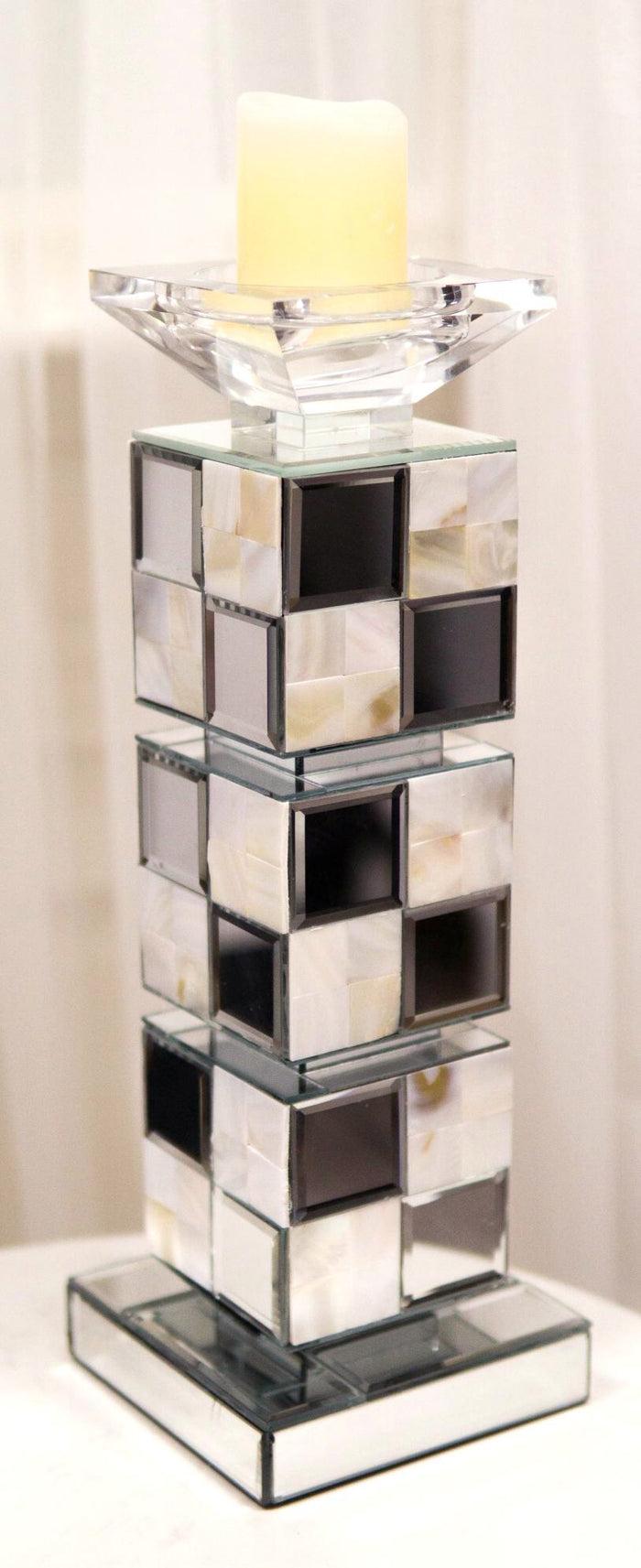 ebros gift Modern Beveled Mirrors Capiz Shells Decorative Checkered Pillar Candle Holder