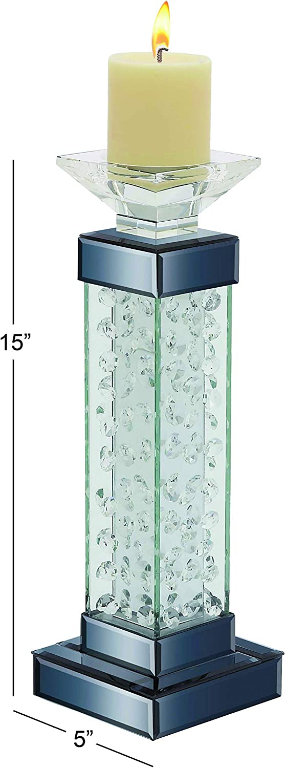 Ebros Gift Modern Chic Beveled Floating Crystals Glass And Metal Pillar Candle Holder 15"H