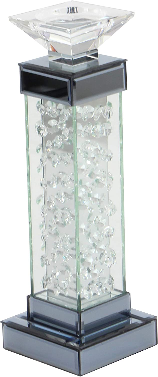 Ebros Gift Modern Chic Beveled Floating Crystals Glass And Metal Pillar Candle Holder 15"H