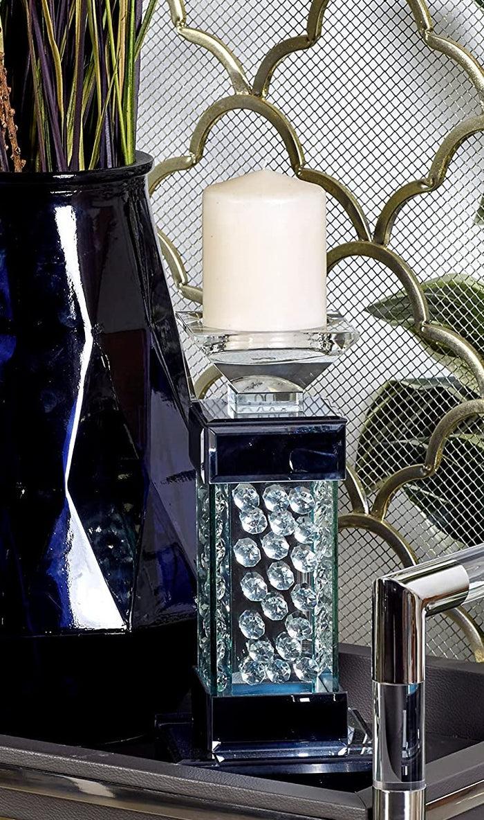 Ebros Gift Modern Chic Beveled Floating Crystals Glass And Metal Pillar Candle Holder 11"H