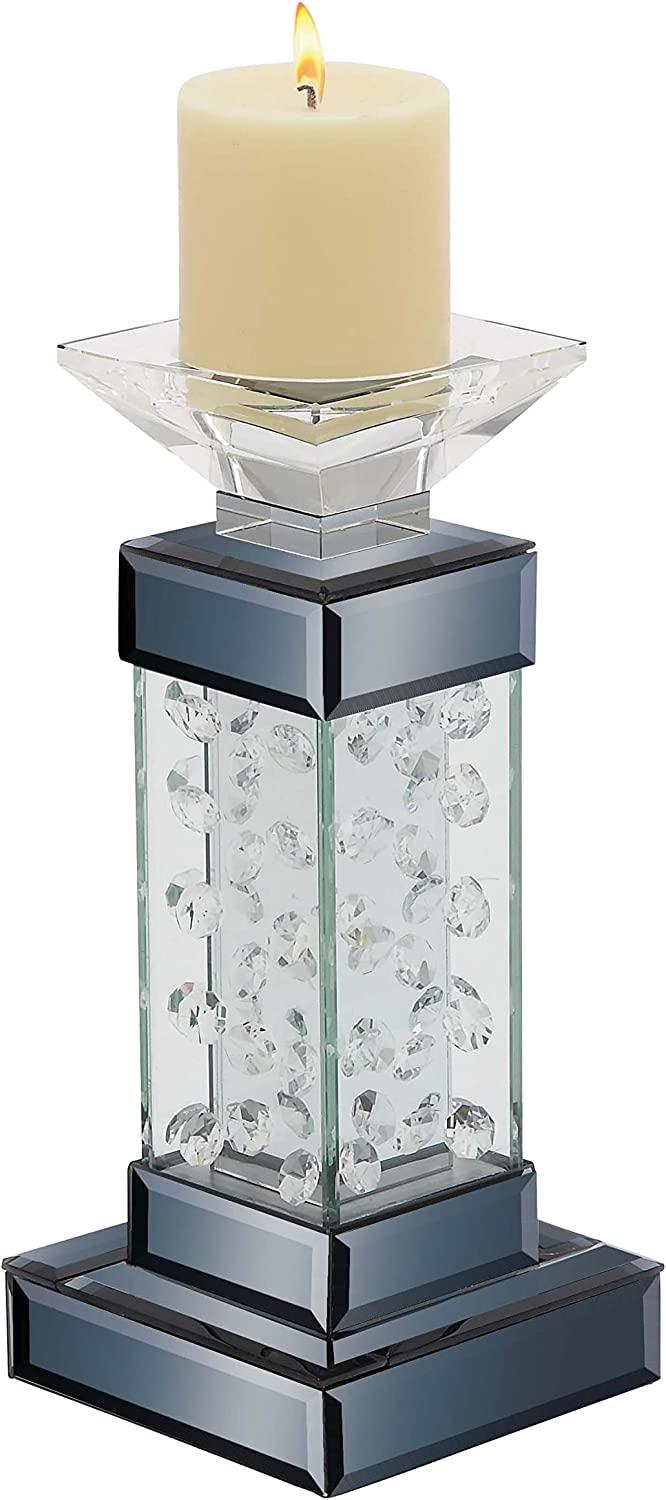 ebros gift Modern Chic Beveled Floating Crystals Glass and Metal Pillar Candle Holder 11"H