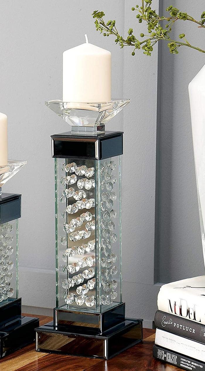 ebros gift Modern Chic Beveled Floating Crystals Glass and Metal Pillar Candle Holder 15"H