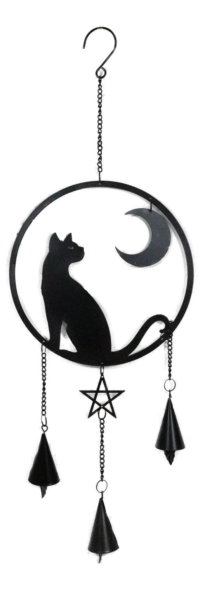 Ebros Gift Moon Gazer Black Cat With Crescent Moon Pentagram Wall Hanging Decoration Chime