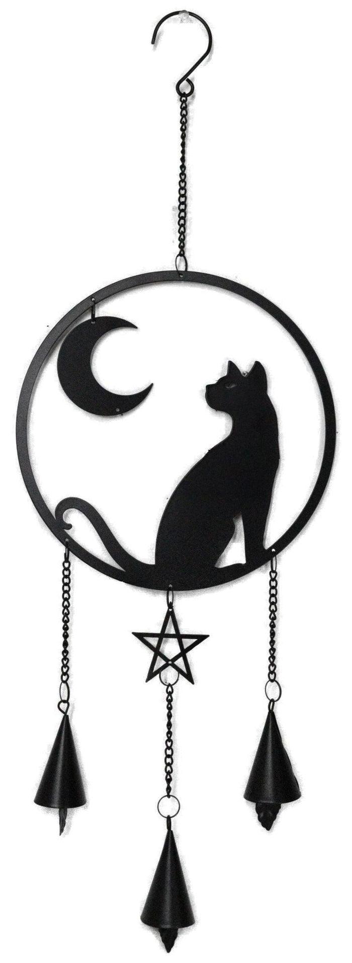 ebros gift Moon Gazer Black Cat with Crescent Moon Pentagram Wall Hanging Decoration Chime
