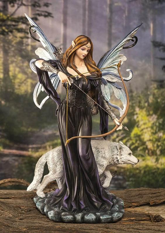 ebros gift Moon Goddess Artemis Fairy with White Snow Wolf Drawing Bow and Arrow Statue
