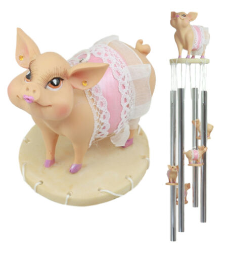 ebros gift Mother Goose Nursery Rhymes Miss Piggy Pink Pig With Apron Wind Chime 21"Long