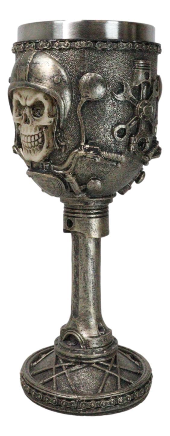 Ebros Gift Motorcycle Mechanic Gothic Dark Biker Skull With Helmet Wine Goblet Cup