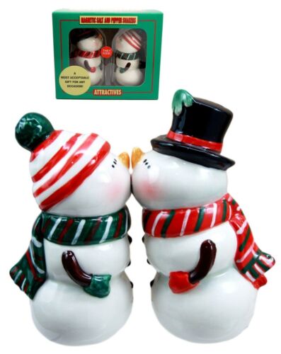 Ebros Gift Mr & Mrs Snowman Christmas Couple Magnetic Ceramic Salt Pepper Shakers Set