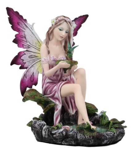 Ebros Gift Mysterious Water Lagoon Purple Fairy With Hummingbird Statue 9"H Garden Fairies