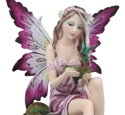 Ebros Gift Mysterious Water Lagoon Purple Fairy With Hummingbird Statue 9"H Garden Fairies