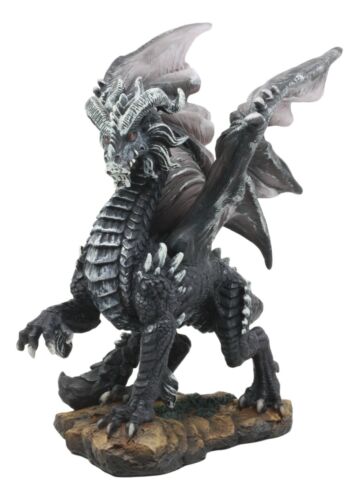 Ebros Gift Mythical Fantasy "Silver Volander" Ancient Wise Dragon Statue 8"H Black Dragon