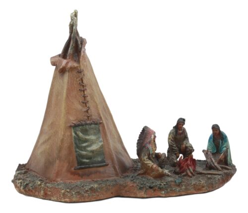 Ebros Gift Native American Indian Chief And Elders Building Fire By LED Tipi Tent Statue