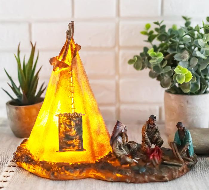 ebros gift Native American Indian Chief and Elders Building Fire By LED Tipi Tent Statue