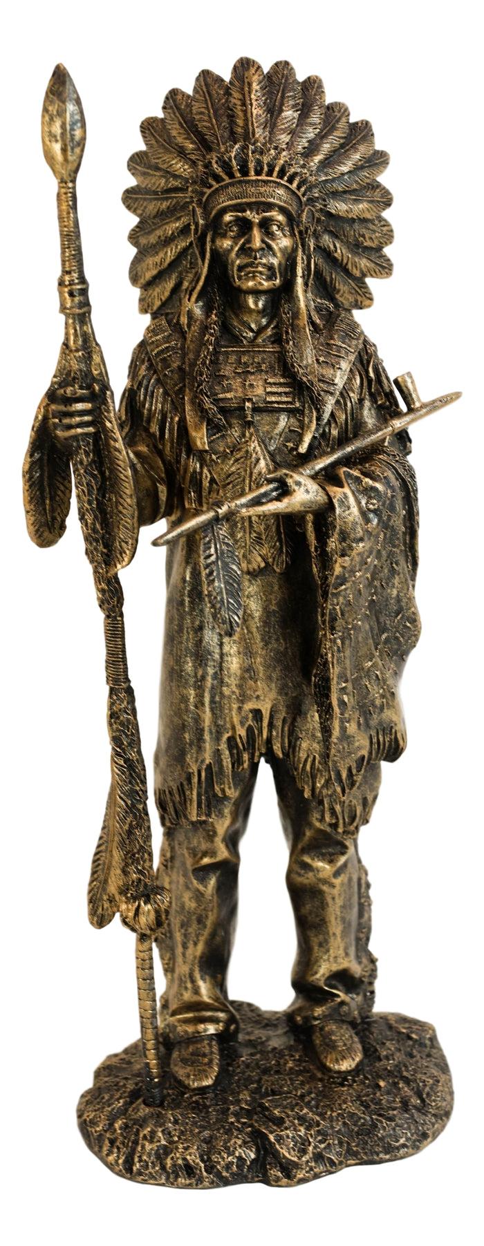 Ebros Gift Native American Indian Chief With Eagle Roach Spear And Chalumet Pipe Statue