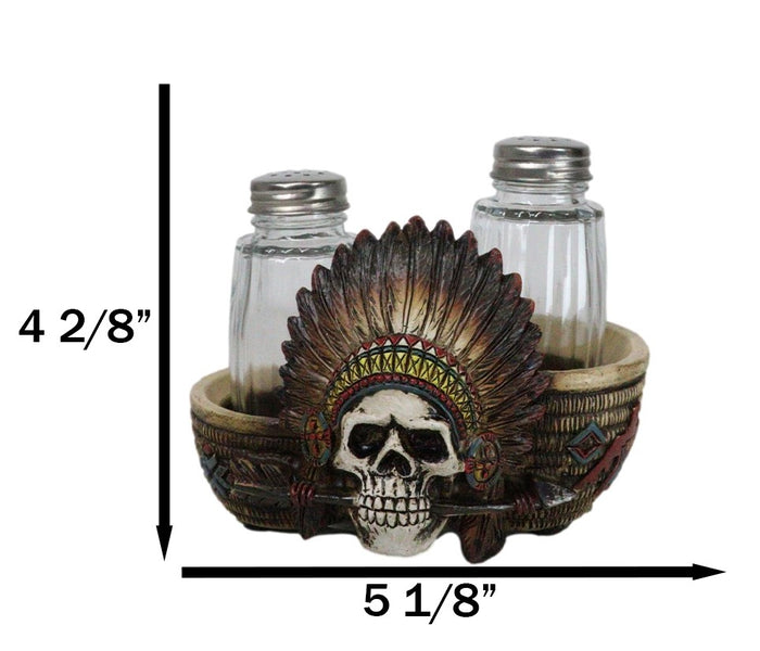 Ebros Gift Native American Indian Chieftain Skull With Headdress Salt Pepper Shakers Set
